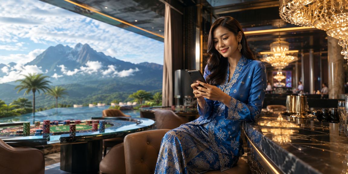 Pemain menggunakan kasino mudah alih ey486 sambil memakai baju kurung di Sabah
